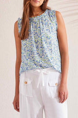 Trim Detail Crochet Ladder Floral Tank Azure Blue