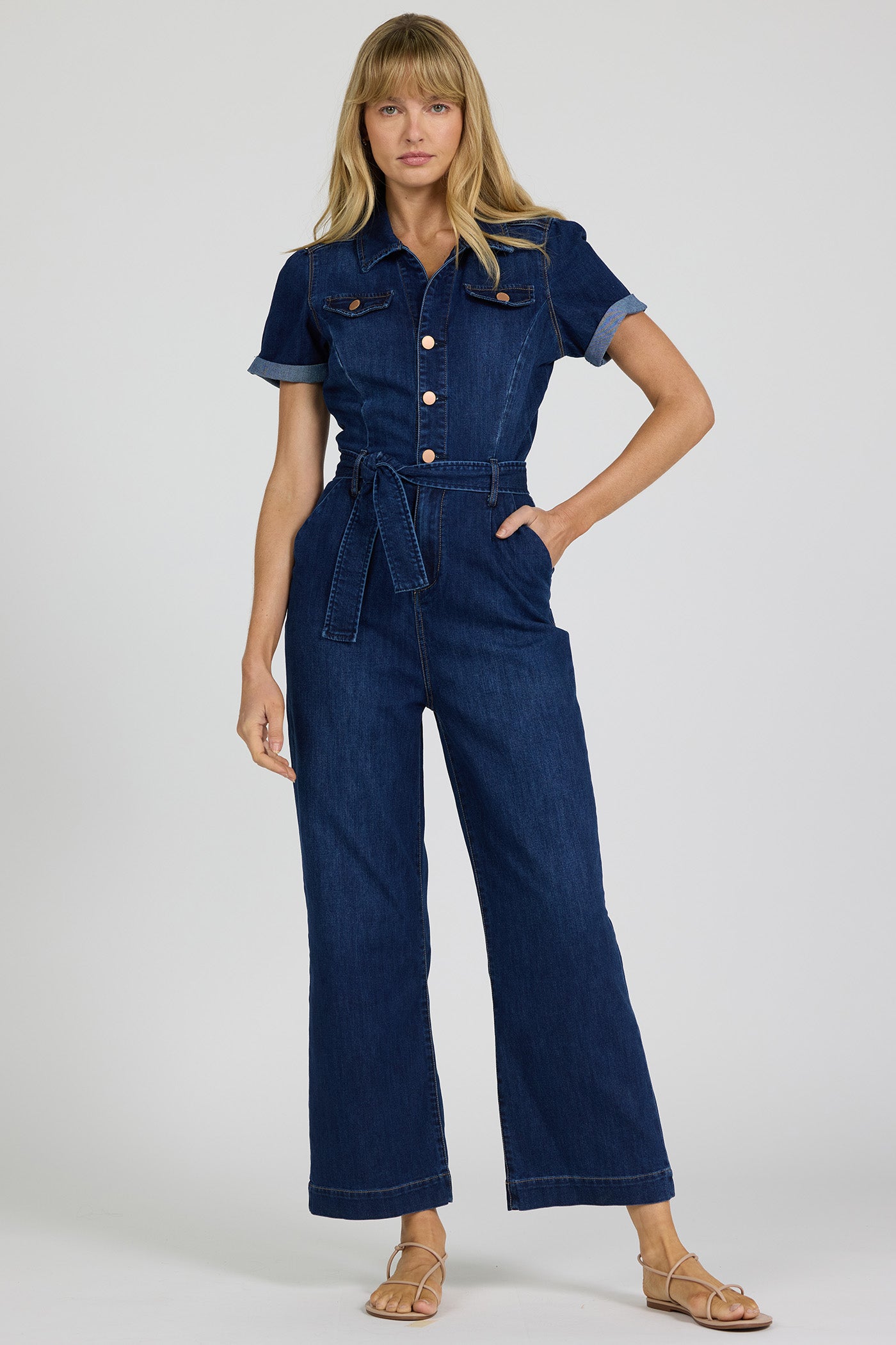 Riveter Tie Waist Denim Jumpsuit Star Demand