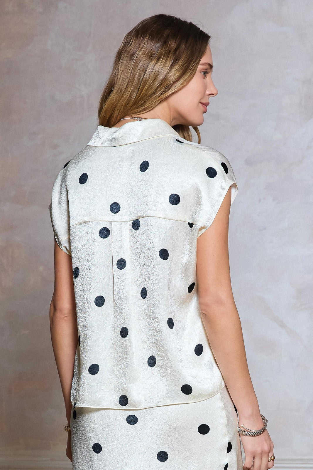 Polka Dot Cap Sleeve Satin Button Down Top Oyster