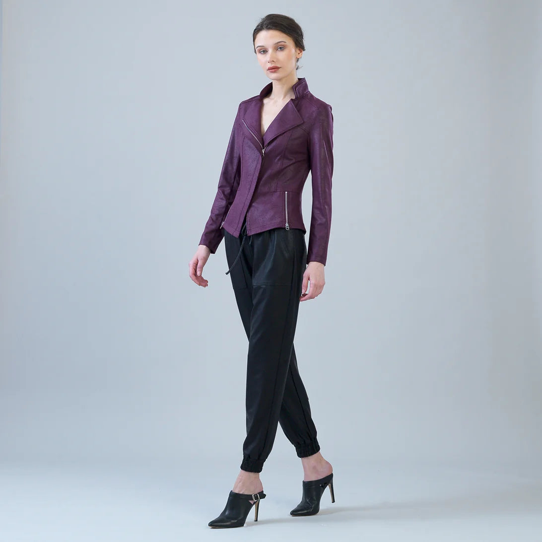 Classic Leather Knit Moto Jacket Plum
