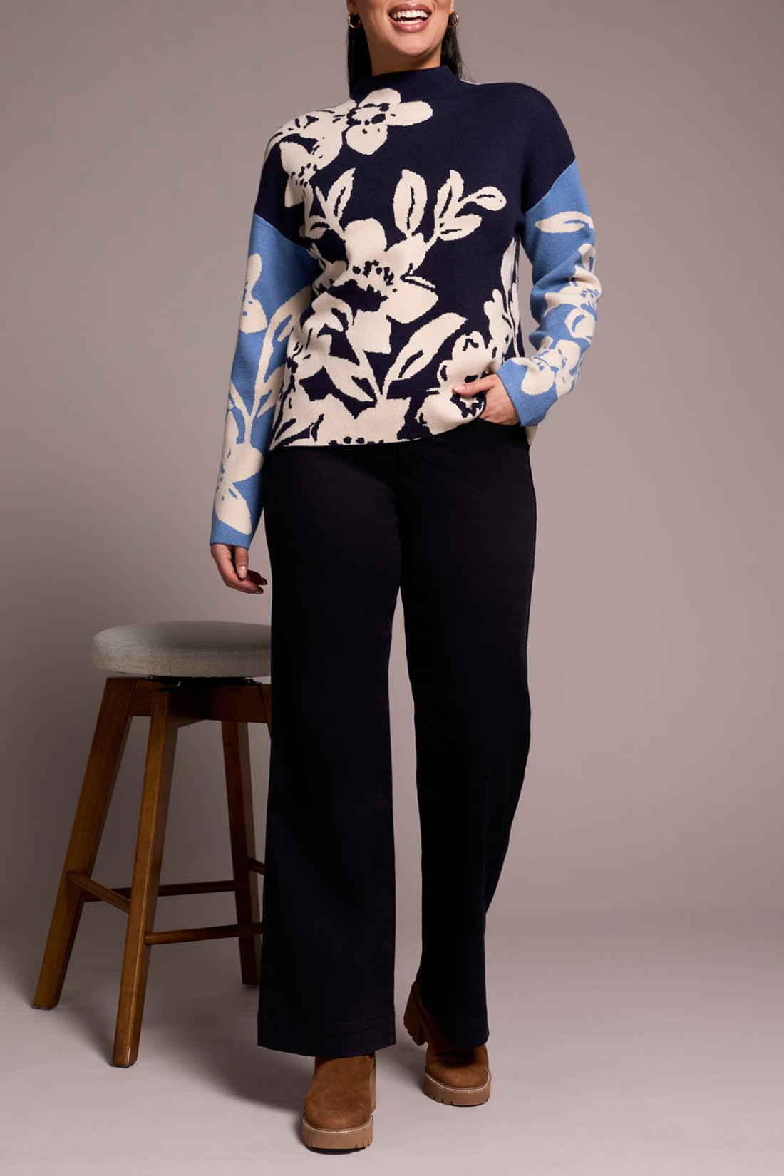 Funnel Neck Floral Print Sweater Sapphire