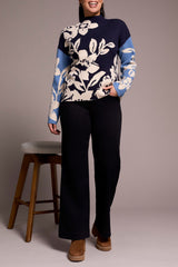 Funnel Neck Floral Print Sweater Sapphire