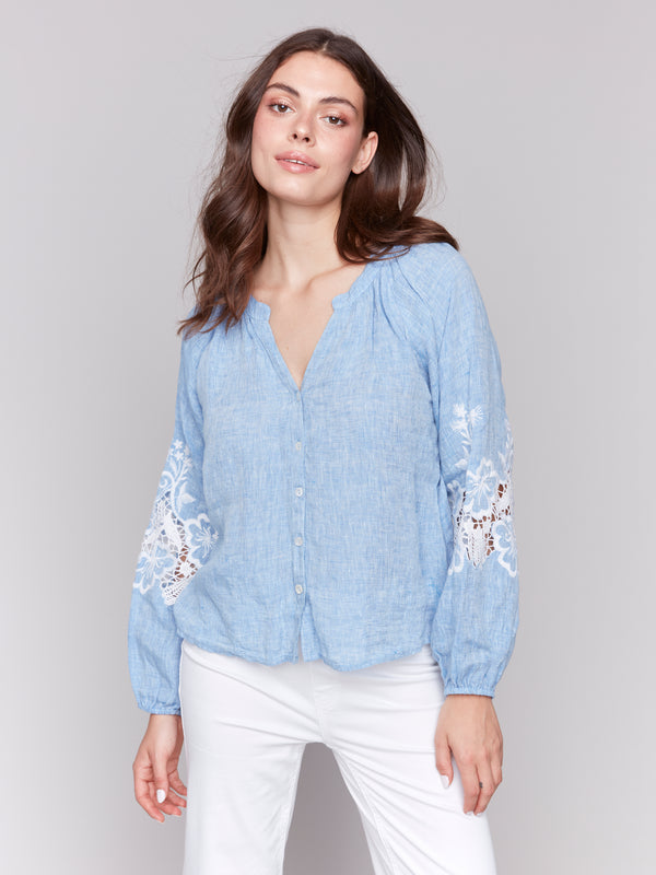Lace Detail Raglan Sleeve Button Down Blouse Chambray
