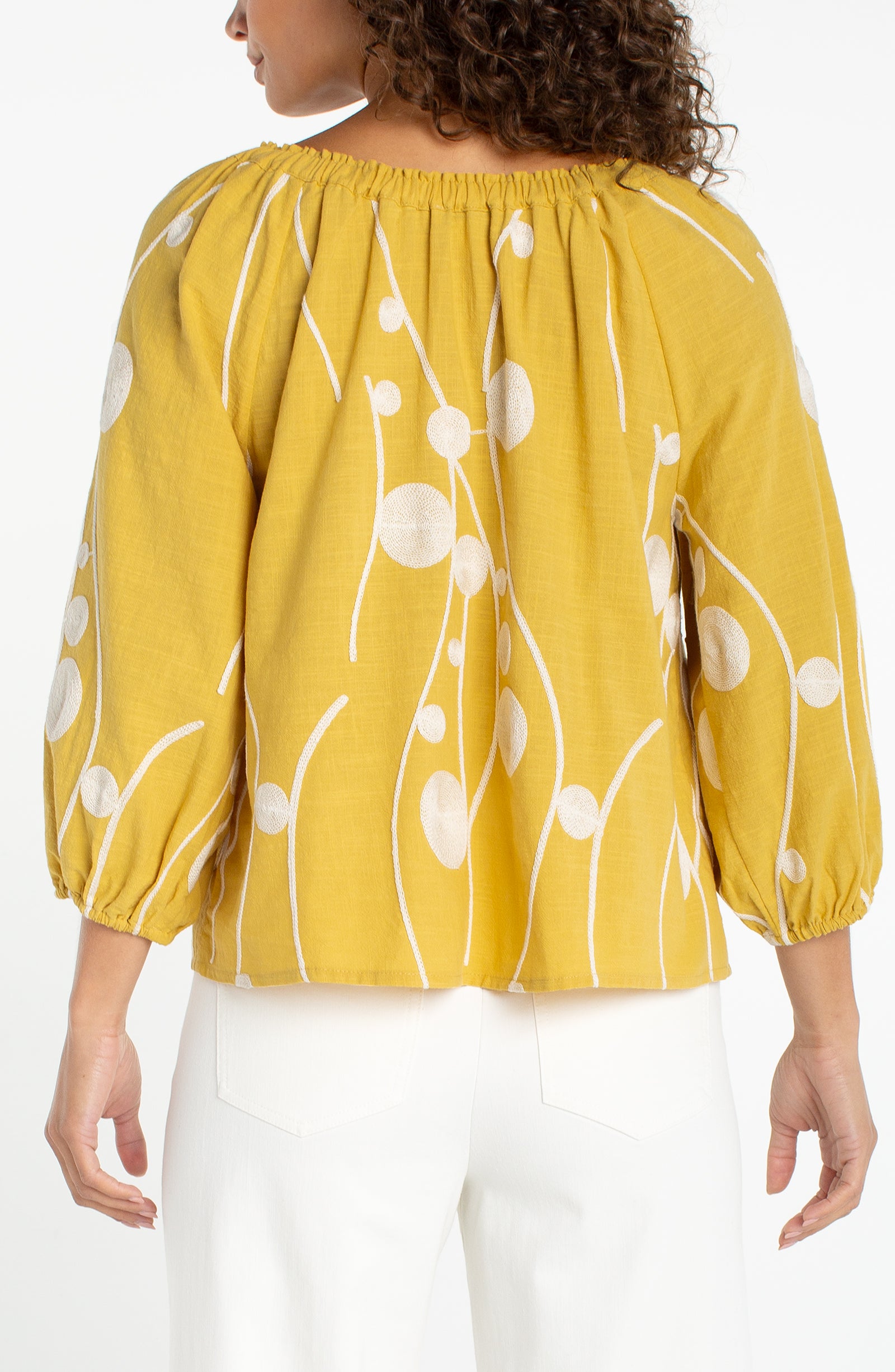 3/4 Sleeve Embroidered Woven Top Yellow + Cream