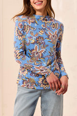 Printed Long Sleeve Funnel Neck Top Blue Aura