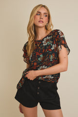Short Ruffle Sleeve Floral Print Top Dark Green Multi