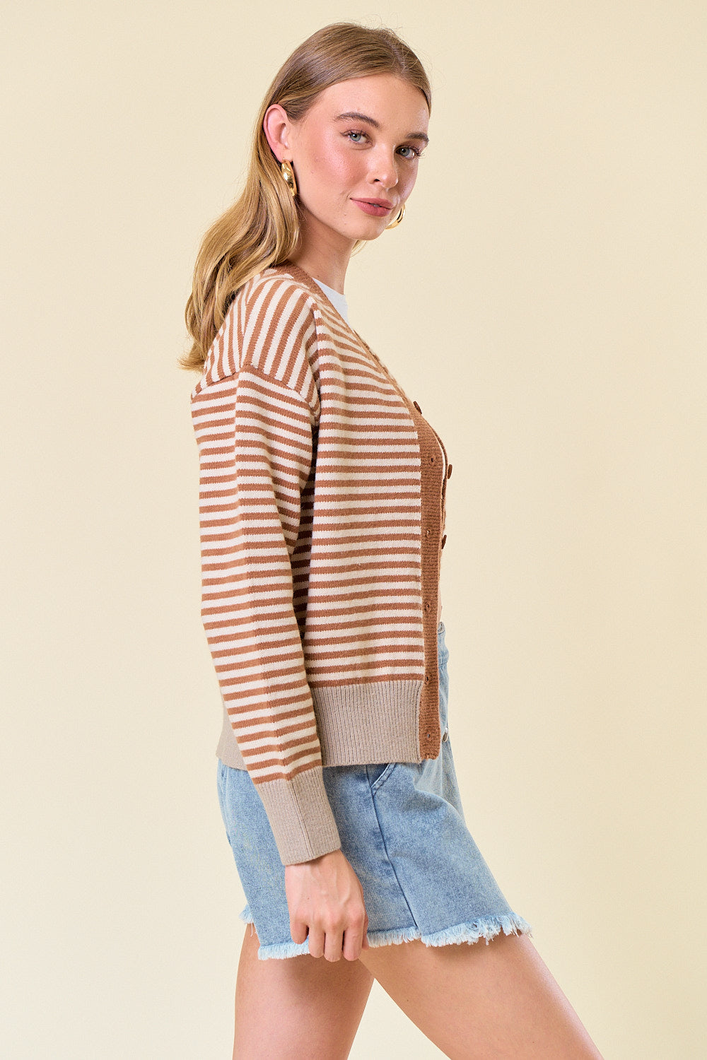 Colorblock Stripe Button Down Cardi Caramel Mix