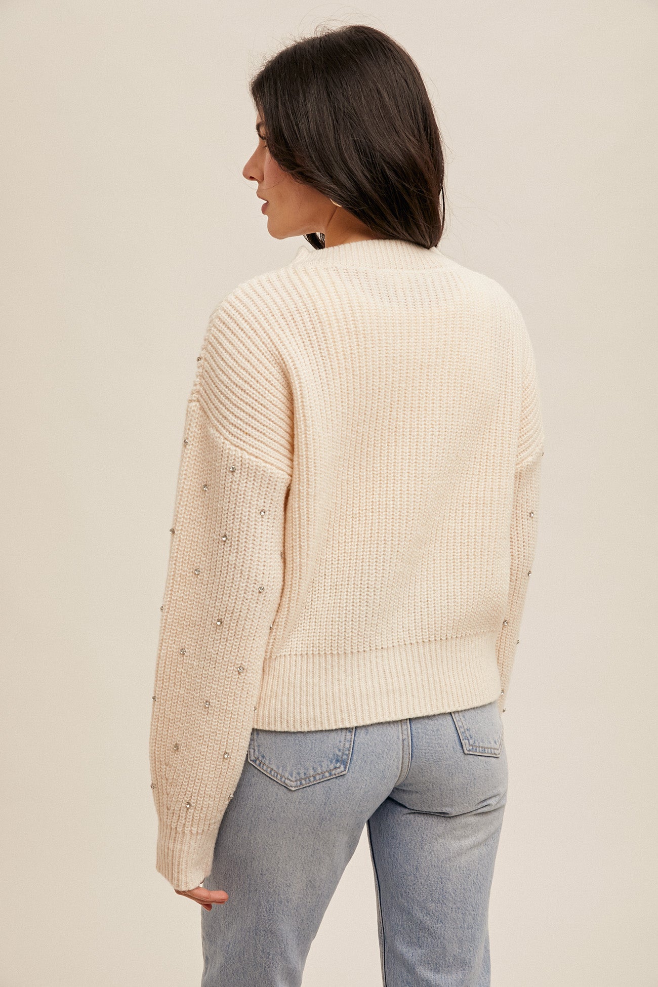 Rhinestone Crew Neck Sweater Ecru