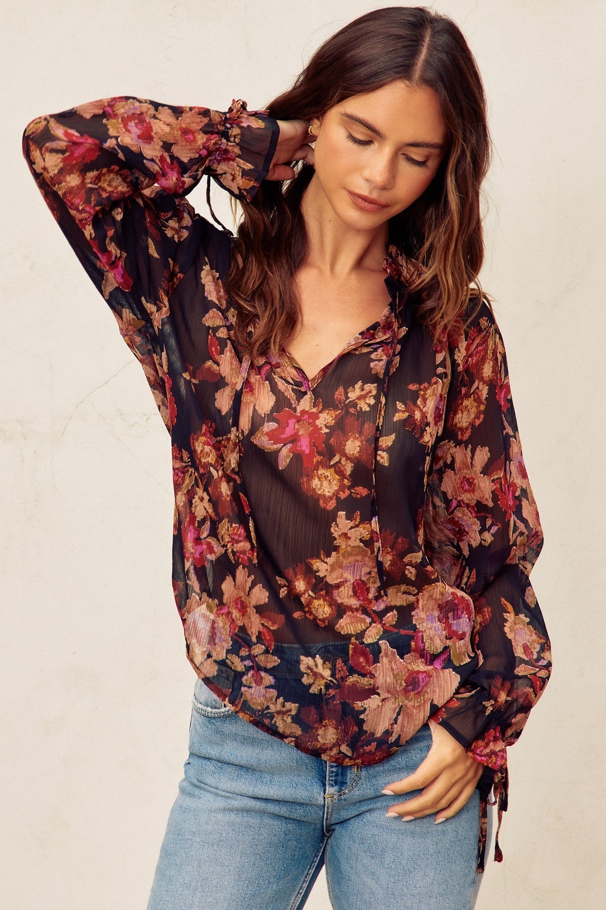 Nightfall Tie Detail Blouse Deep Night Floral