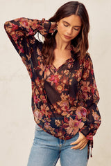 Nightfall Tie Detail Blouse Deep Night Floral