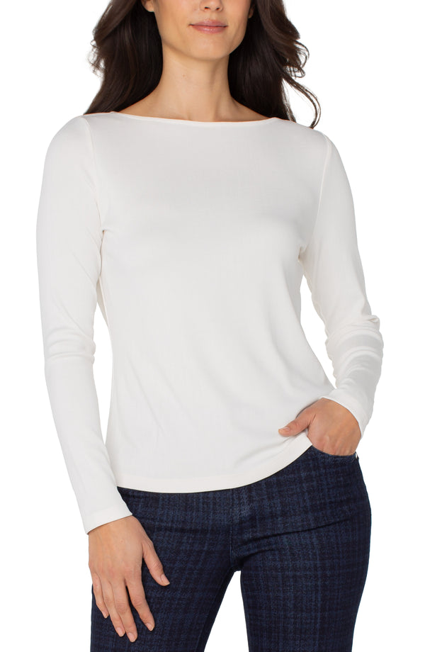 Stripe Texture Boat Neck Long Sleeve Knit Top Washed Cream