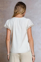 Flowy Crochet Detail Short Sleeve Blouse Off White