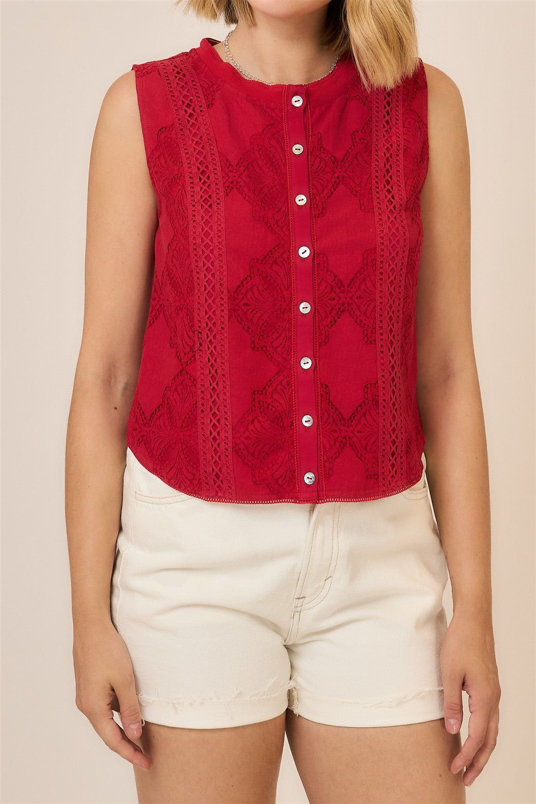 Lace Button Up Sleeveless Top Red