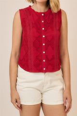Lace Button Up Sleeveless Top Red