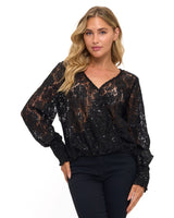 Smock Cuff Sleeve Surplice Top Black Lace