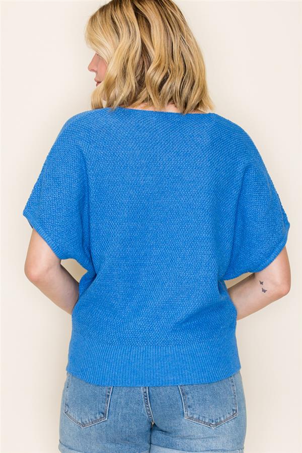Vneck Mini Waffle Wide Rib Hem Sweater Royal