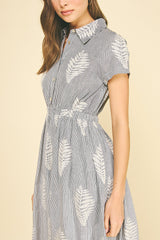Striped Leaf Embroidered Midi Dress Blue Black