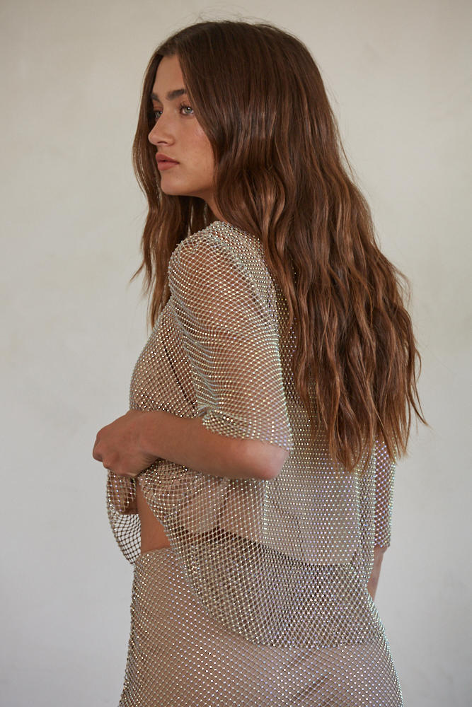 Bellamy Fishnet Crystals Top Taupe