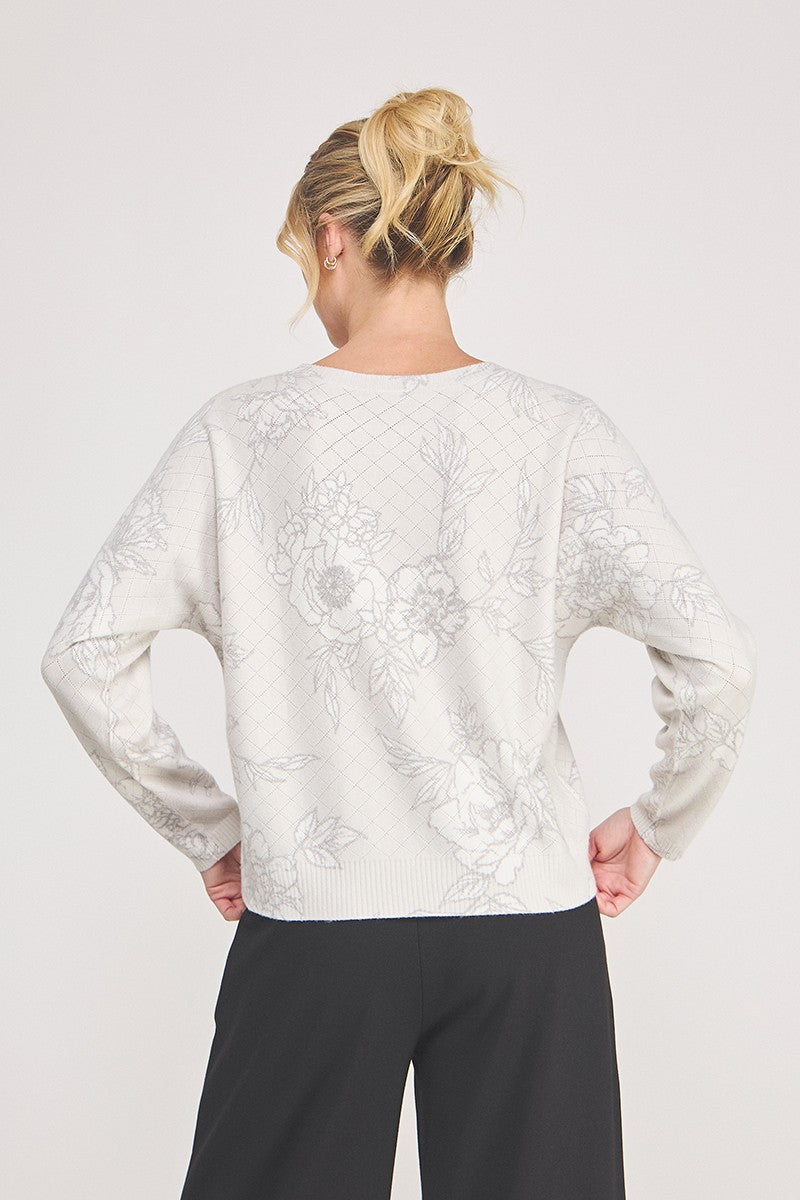Diamond Pointelle Floral Print Sweater Sandshell