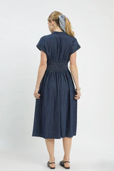 Pinstripe Smocked Waist Button Front Midi Dress Dark Denim
