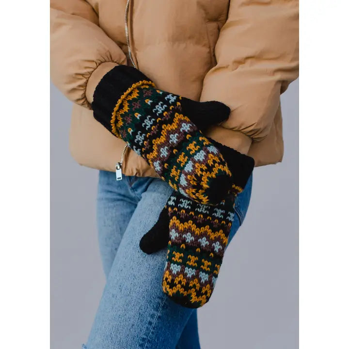 Multicolored Patterened Mittens Black