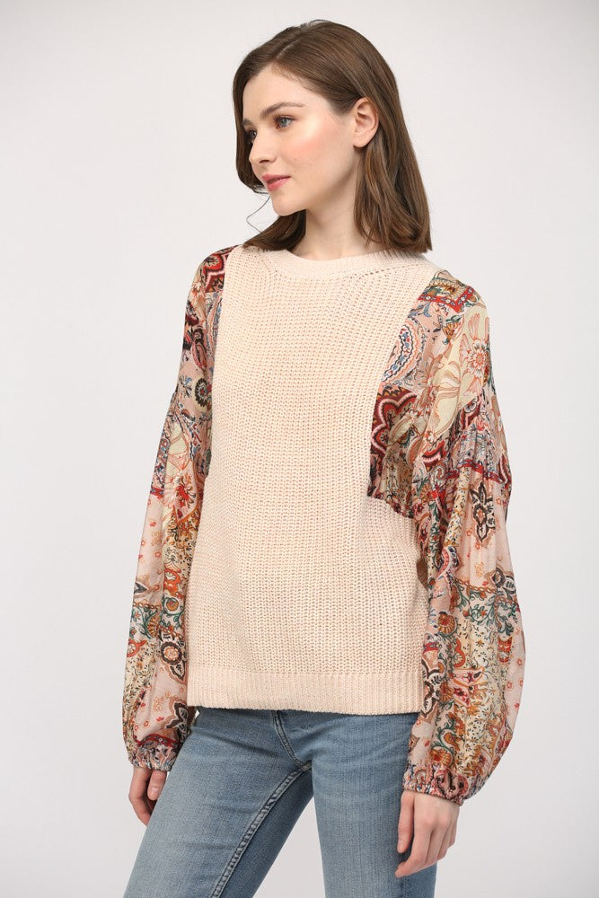 Mixed Media Patch Print Sleeve Round Neck Sweater Blush + Taupe
