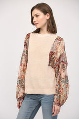 Mixed Media Patch Print Sleeve Round Neck Sweater Blush + Taupe