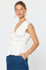 Solid Pleated Peplum Vneck Blouse White
