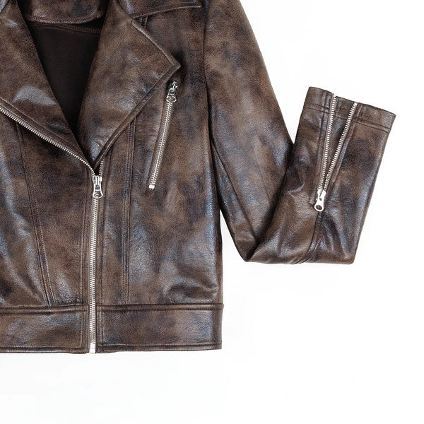 Distressed Zip Cuff Moto Waist Jacket Brown