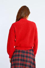 Mix Cable Knit Turtleneck Sweater Red