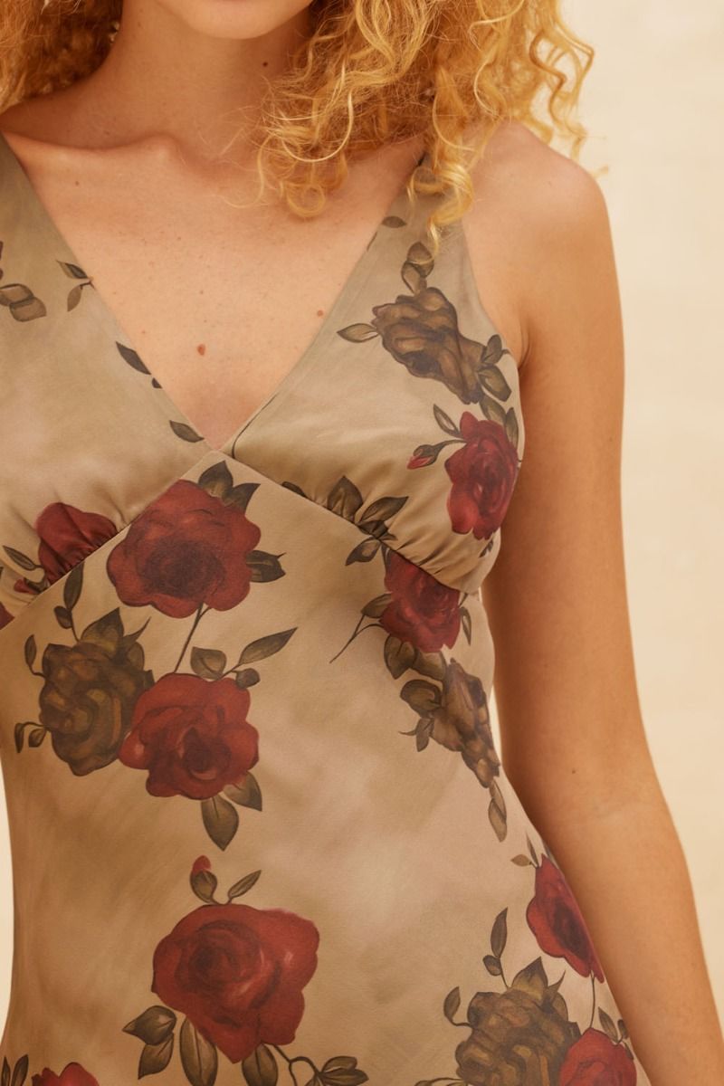 Floral Print Satin Deep V Neck Maxi Dress Olive