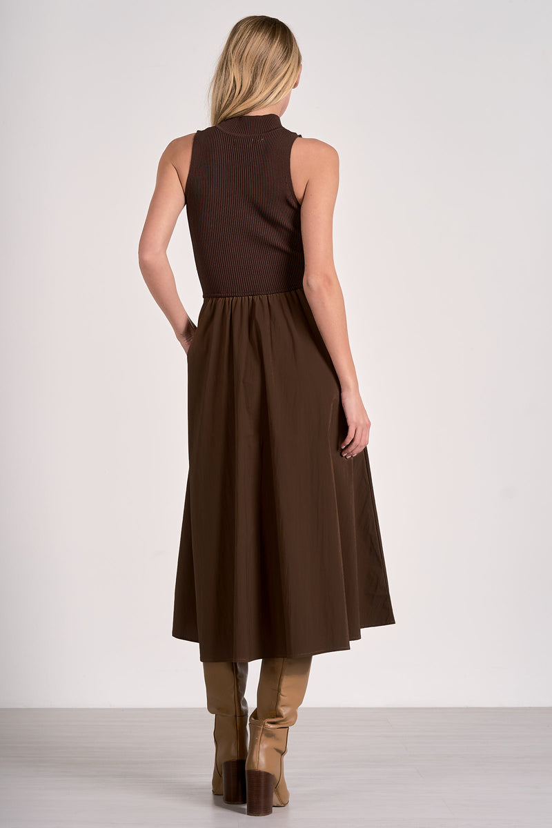 Mock Neck Ribbed Contrast Midi Dress Cocoa