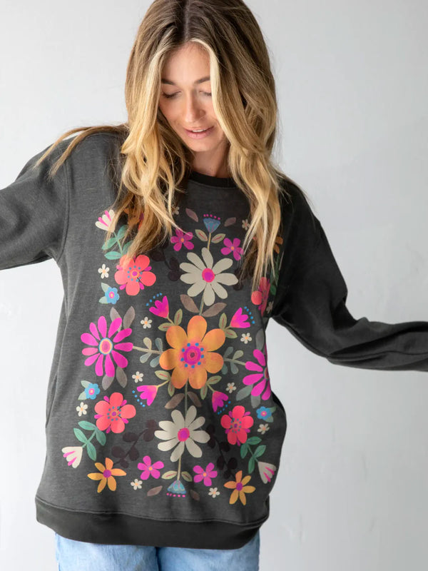 Comfy Pocket Folk Flowers Sweatshirt Charcoal