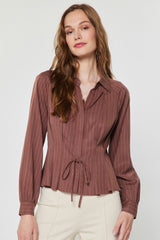 Striped Tie Front Long Sleeve Collared Shirt Mocha