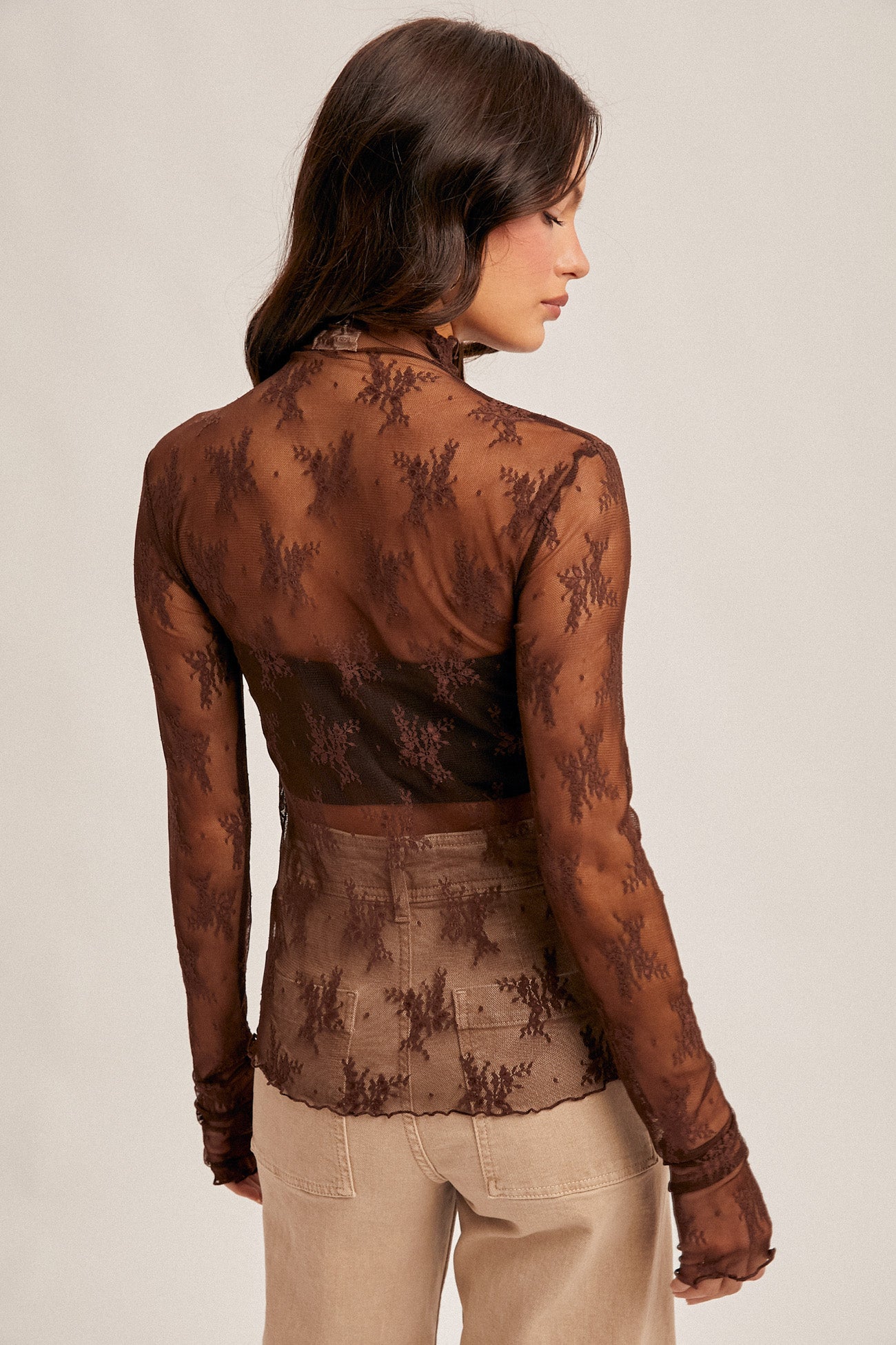 Mock Neck Lace Thumb Hole Sleeve Top Black Coffee