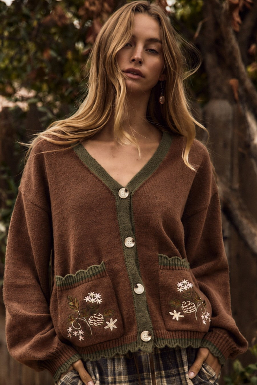 Scallop Embroidered Floral Pocket Cardigan Forest Mocha