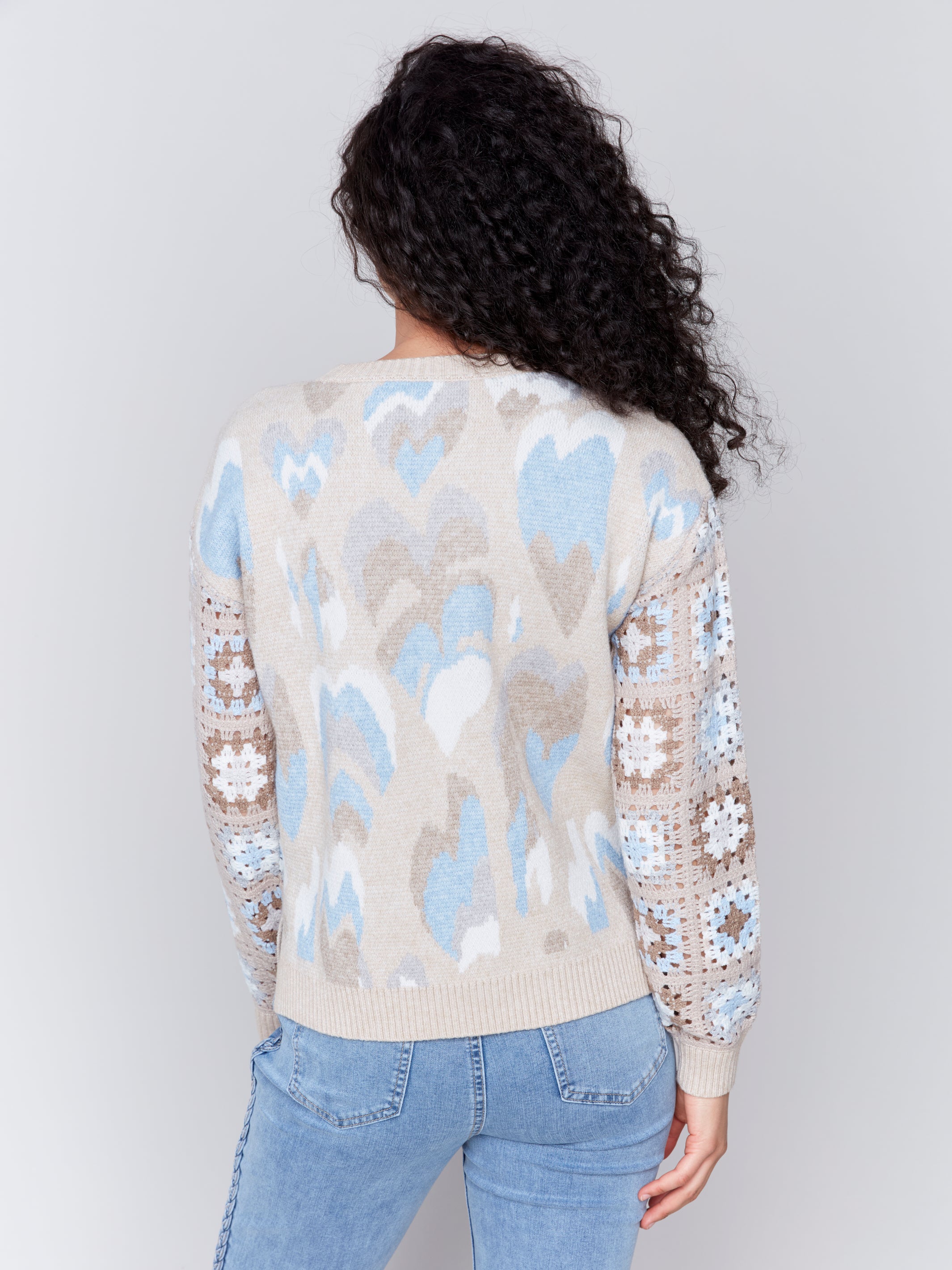 Jacquard Layered Hearts Crew Neck Sweater Ocean