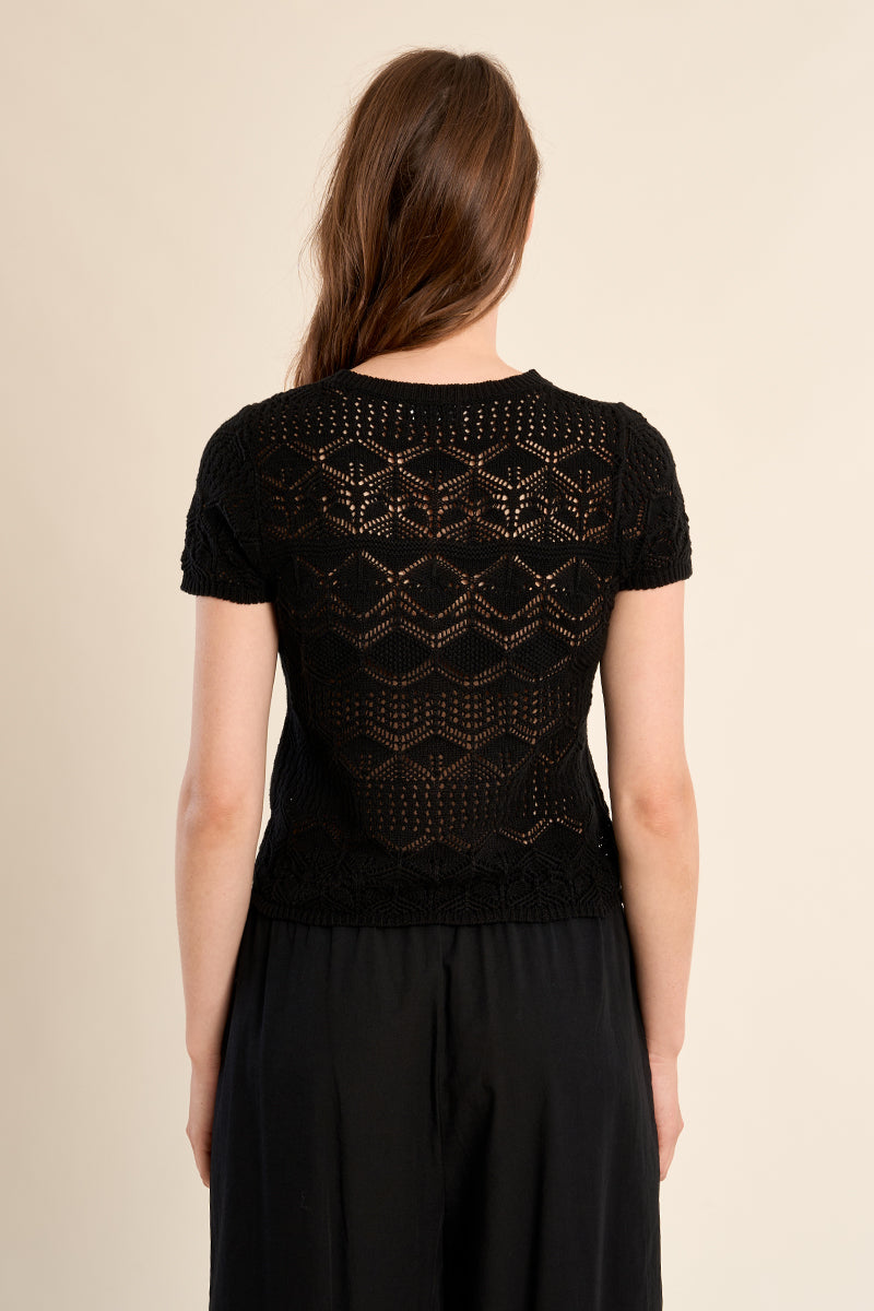 Open Crochet Knit Short Sleeve Top Black