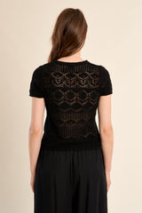 Open Crochet Knit Short Sleeve Top Black