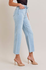 Ella Tie Waist High Rise Wide Straight Jeans Light Blue