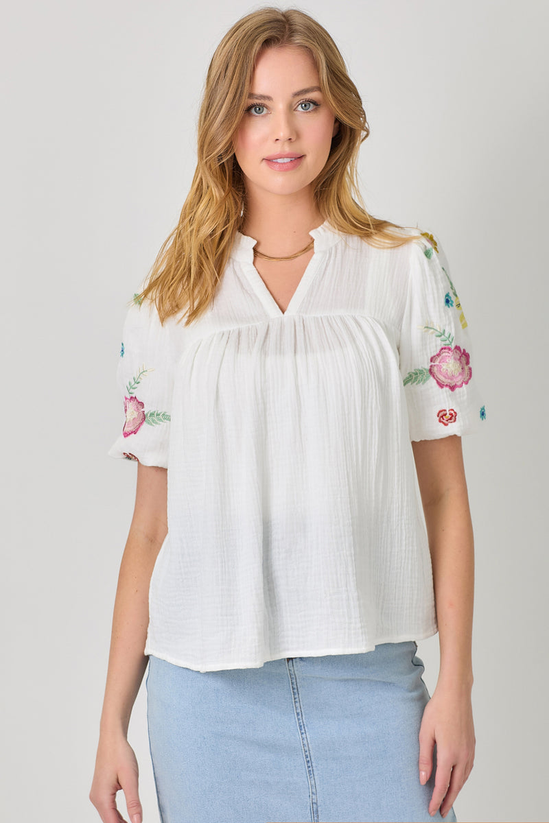 Embroidered Puff Sleeve Gauze Peasant Blouse Washed White