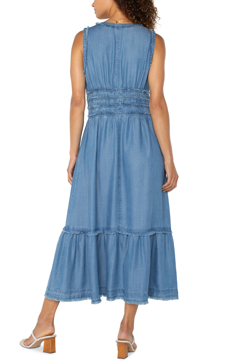 Smocked Vneck Frayed Maxi Dress Delwood