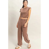 Rolled Sleeve Wrap Front Crop Top Jogger Set Chocolate