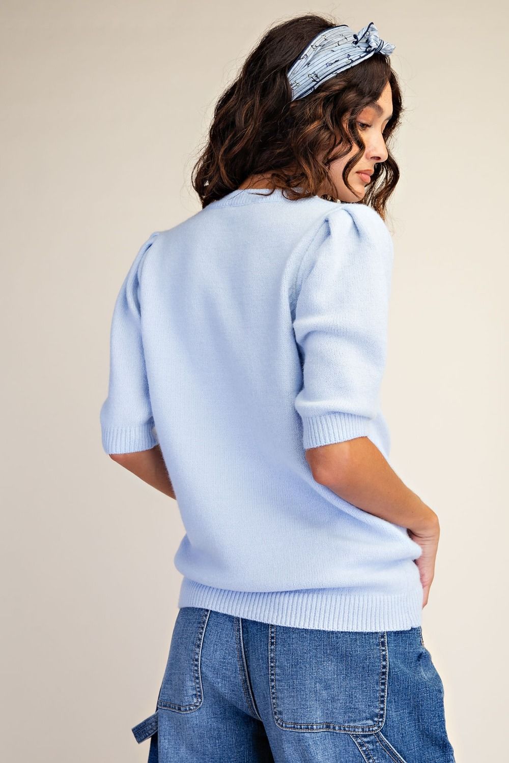 Short Puff Sleeve Sweater Top Cotton Blue