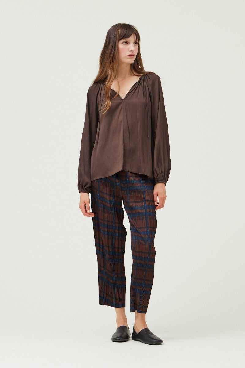 Tie Neck Solid Satin Blouse Dark Roast