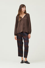 Tie Neck Solid Satin Blouse Dark Roast