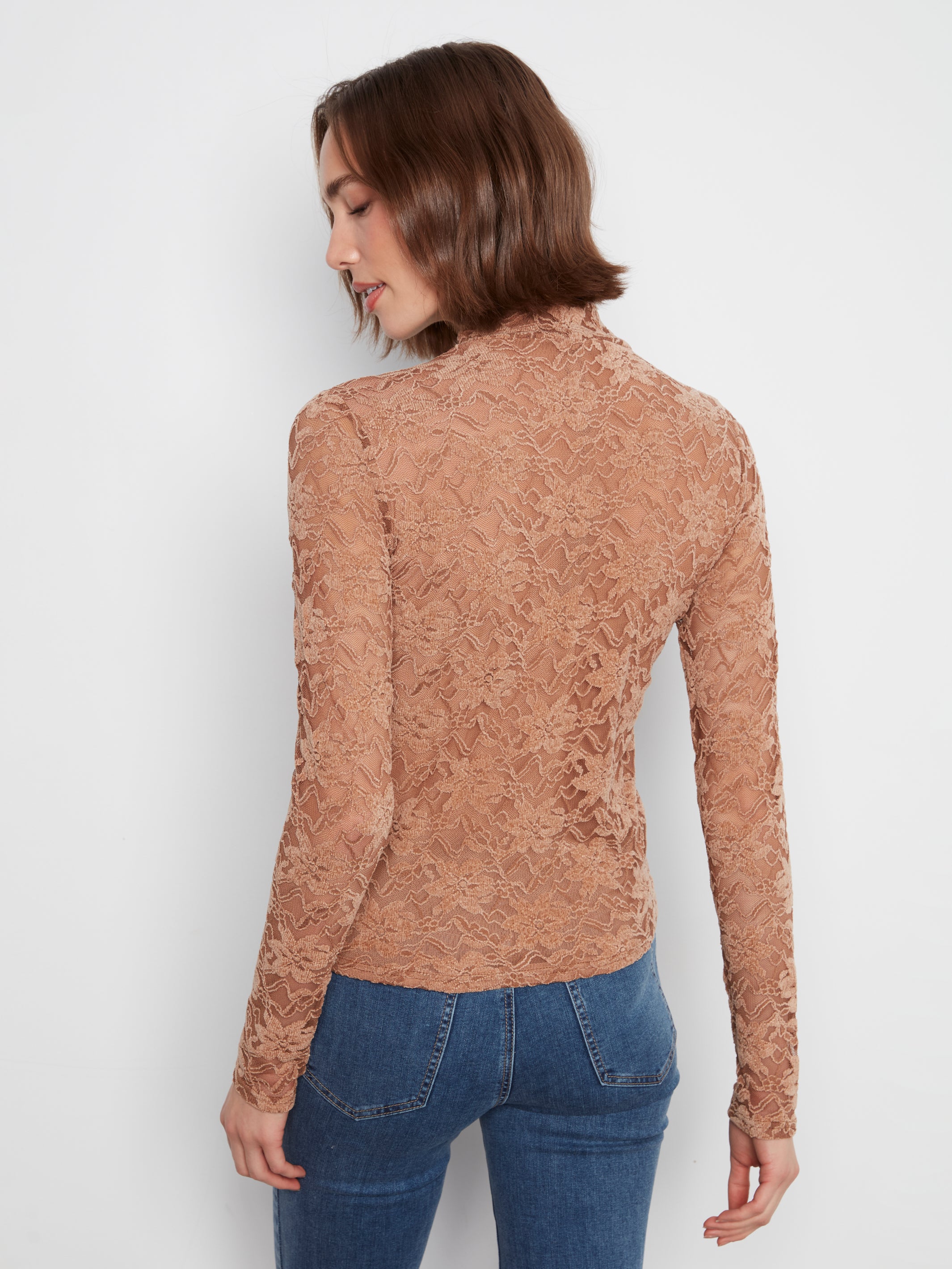 Flocked Lace Long Sleeve Mock Neck Top Truffle