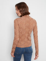 Flocked Lace Long Sleeve Mock Neck Top Truffle