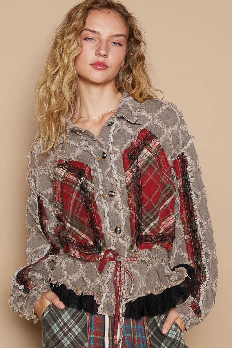 Balloon Sleeve Plaid Contrast Ruffle Details Jacket Black Denim