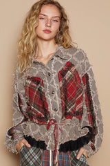 Balloon Sleeve Plaid Contrast Ruffle Details Jacket Black Denim